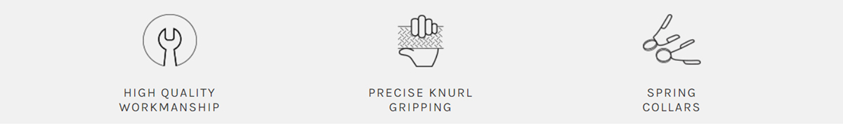 Icons: craftsmanship, knurl grip, spring collars